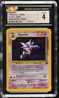 1999 Pokemon Fossil - Unlimited Haunter Stain Error (Blue Ink on Right Side of Card) Galaxy Star Holo #6/62 CGC 4