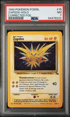 1999 Pokemon Fossil Zapdos-Holo Corrected Foil #15 PSA 7