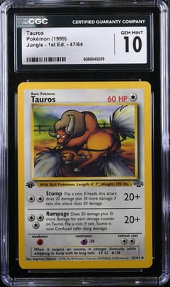 1999 Pokemon Jungle - 1st Edition Tauros #47/64 CGC 10