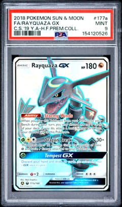 2018 Pokemon Sun & Moon Celestial Storm Full Art / Rayquaza Gx 2019 Yellow a Hidden Fates Premium Collection #177a PSA 9