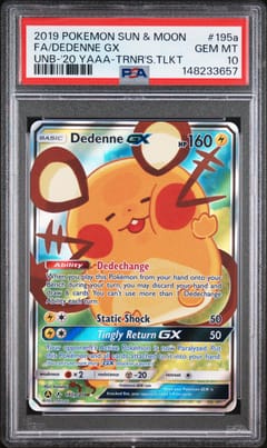 2019 Pokemon Sun & Moon Unbroken Bonds Full Art / Dedenne Gx 2020 Yellow a Alternate Art Trainer's Toolkit #195a PSA 10