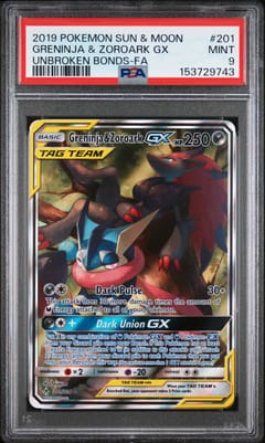 2019 Pokemon Sun & Moon Unbroken Bonds Full Art / Greninja & Zoroark Gx #201 PSA 9