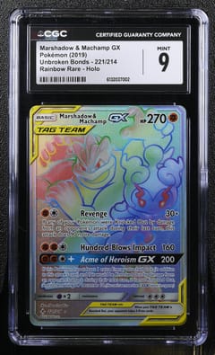 2019 Pokemon Unbroken Bonds Marshadow & Machamp GX Rainbow Rare Holo #221/214 CGC 9