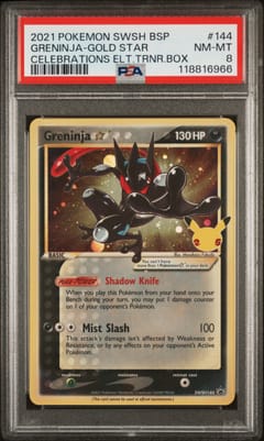 2021 Pokemon Swsh Black Star Promo Greninja-Gold Star Celebrations Elt.trnr.box #144 PSA 8